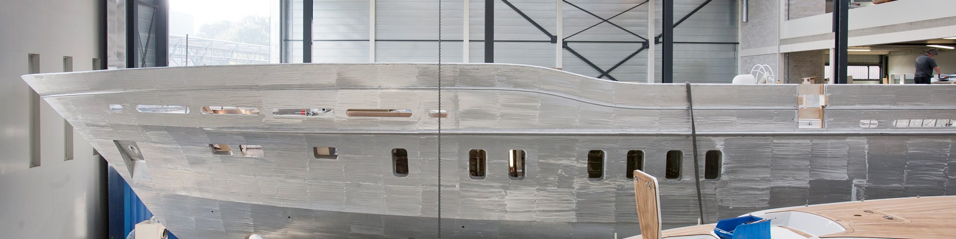 Boats in a boatbuilding warehouse
